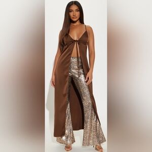 Metalic Satin Chocolate Brown Long Drapey Blouse Size Large!